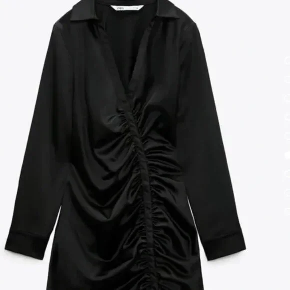 NWOT Zara Ruched Front Satin Black Mini Dress Size Medium - Picture 4 of 5